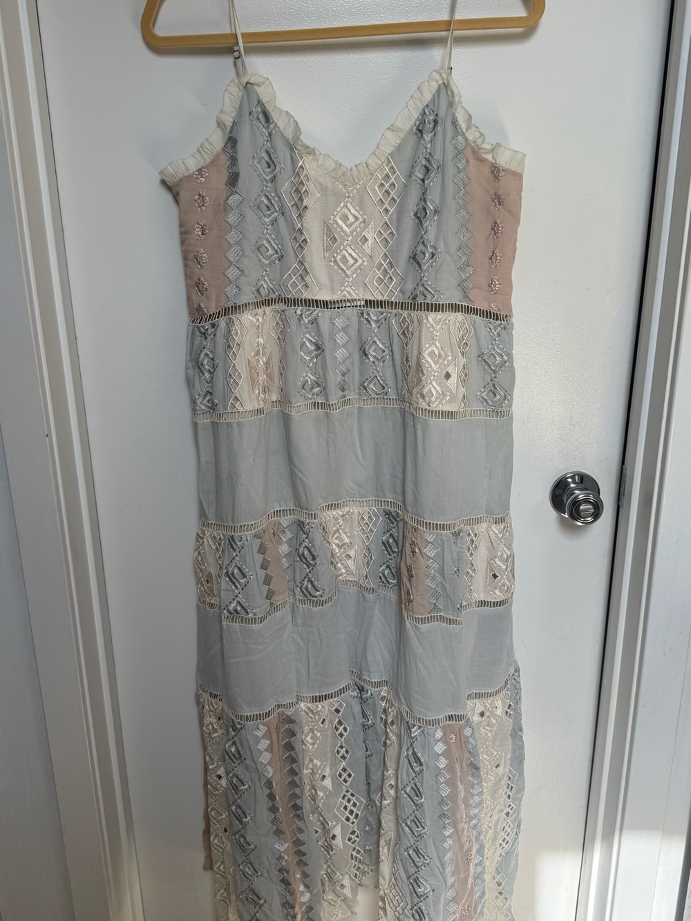Love Sam Embroidered Maxi Slip Dress in Gray and Blush